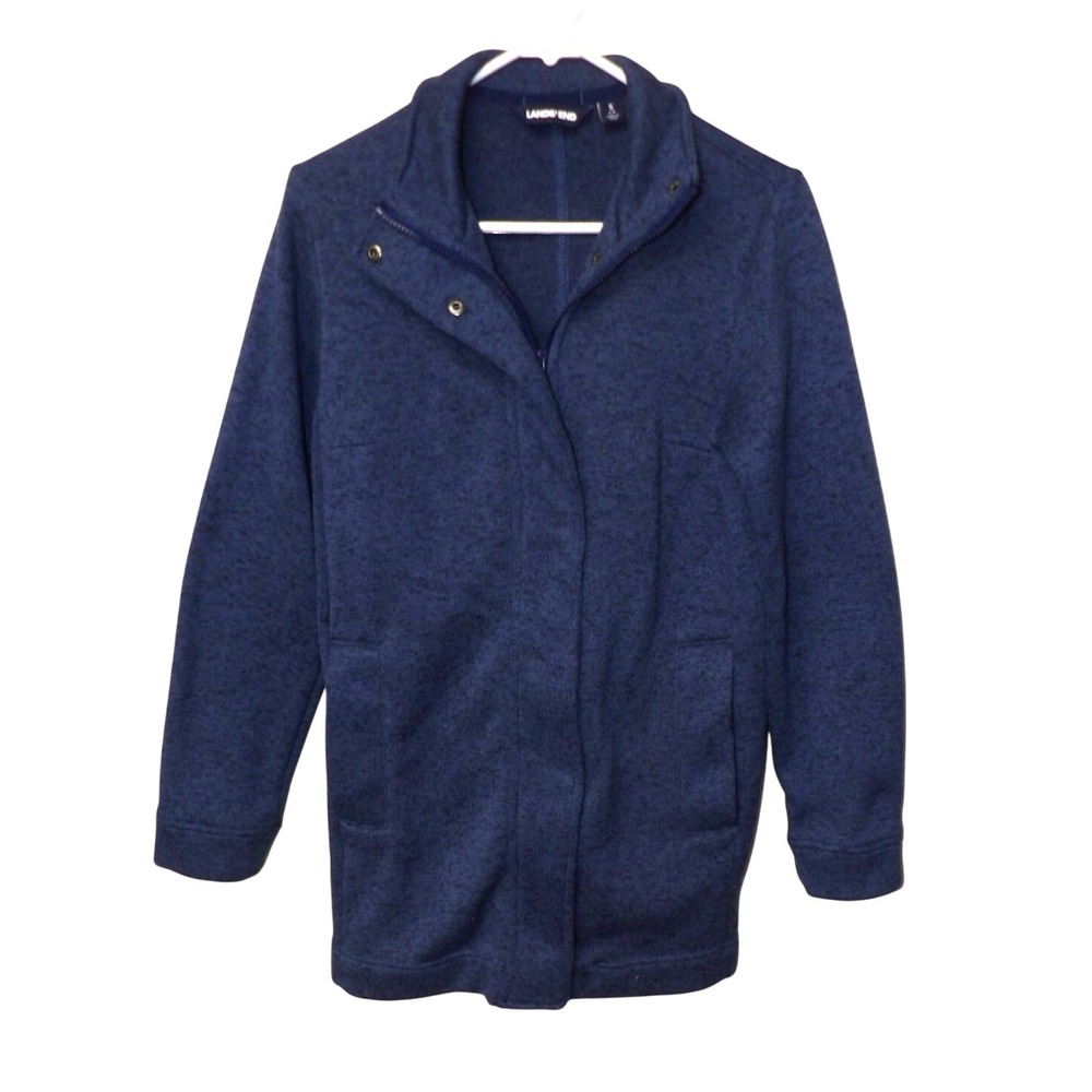 Lands End Womens Navy Blue Marled Knit Zip Up Funnel Neck Jacket Size Small 6-8